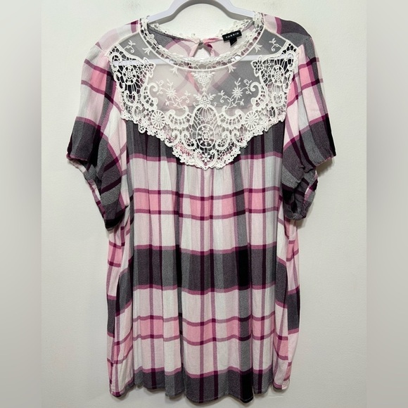 Torrid Plaid Crochet Lace Crinkle Gauze Blouse - Picture 5 of 13